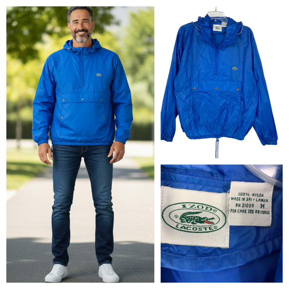 Vtg 1980's Izod Lacoste Sz M Blue Packable Windbreaker Pullover Stadium Jacket - Picture 1 of 8